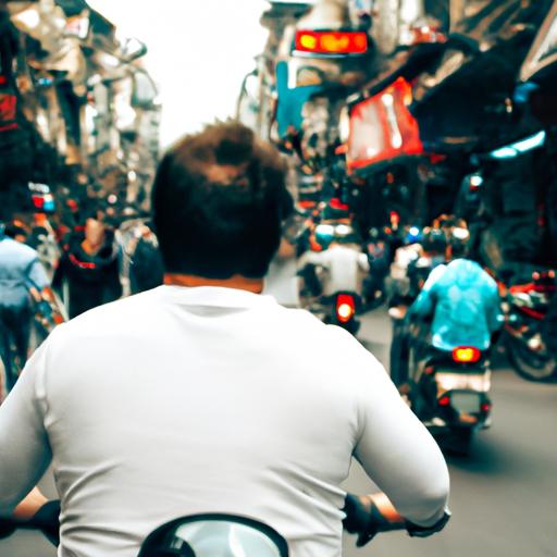 Người lái xe mô tô phân khối nhỏ đi qua một thành phố đông đúc