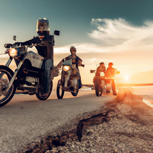 Nhóm bạn đang cùng lái xe mô tô BMW dọc theo bờ biển vào hoàng hôn.