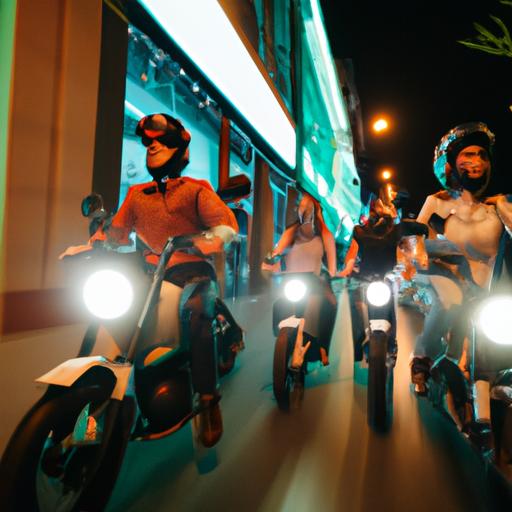 Một nhóm bạn trên các chiếc mô tô Yamaha 125 lướt qua đường phố vào ban đêm.