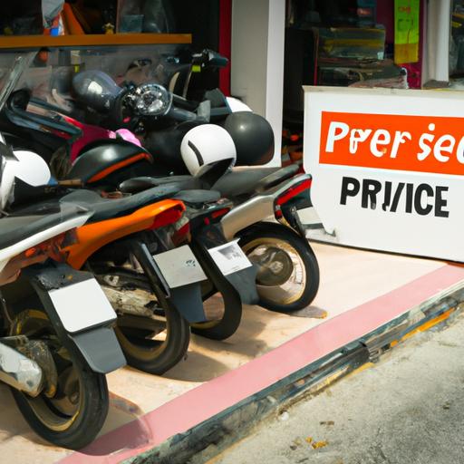 Nhóm xe máy PKL đỗ trước cửa hàng cho thuê với tấm biển quảng cáo dịch vụ.