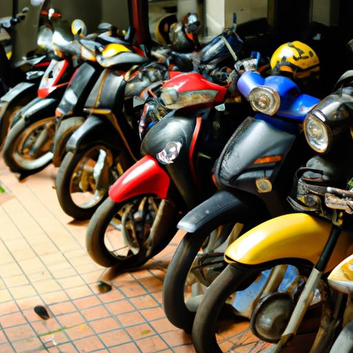 Một nhóm xe mô tô 50cc đỗ trước quán cà phê ở Thành phố Hồ Chí Minh.